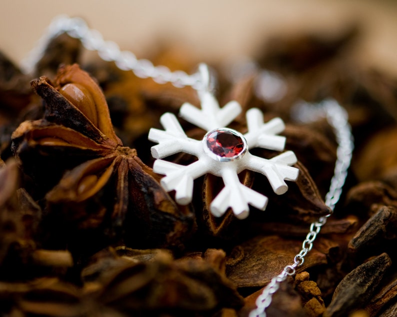 Snowflake Necklace Silver, Christmas Gift For Her, Red Garnet Pendant image 3