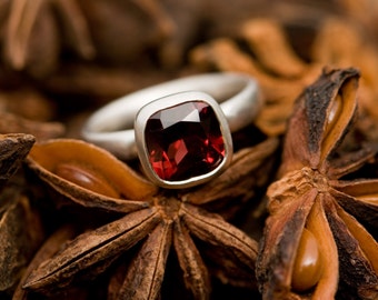 Red Garnet Cushion Cut Ring in Silver, Gift For Mom