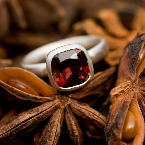 Red Garnet Cushion Cut Ring in Silver, Gift For Mom