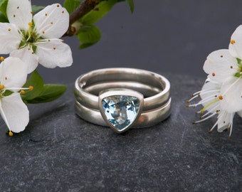 Aquamarine Wedding Set Silver, Triangle Engagement and Wedding Ring, Handmade Wedding Set