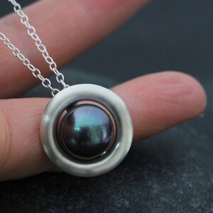 Black Pearl Necklace in Silver, Gift For Her, Tahitian Black Pearl Halo Pendant image 3