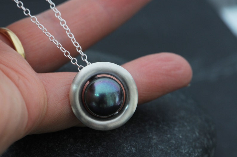 Black Pearl Necklace in Silver, Gift For Her, Tahitian Black Pearl Halo Pendant image 3