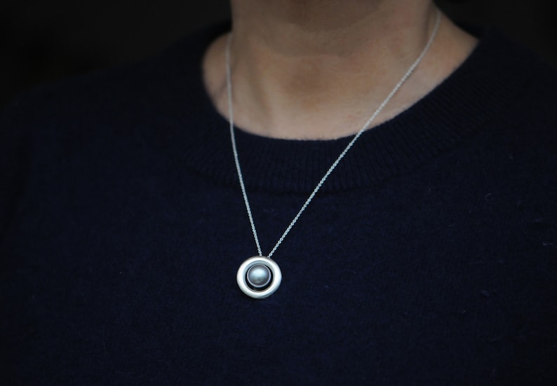 Silver Pearl Necklace Gift For Her, Tahitian Pearl Halo Pendant image 3