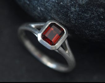 Red Garnet Emerald Cut Ring in Silver, Christmas Gift For Her