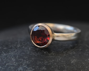 Red Garnet Ring in 9K Rose Gold and Silver Band, Gift For Her