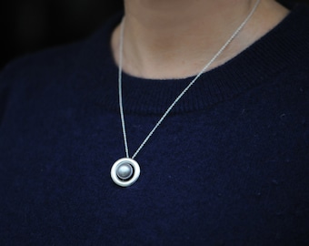 Silver Pearl Necklace Gift For Her, Tahitian Pearl Halo Pendant