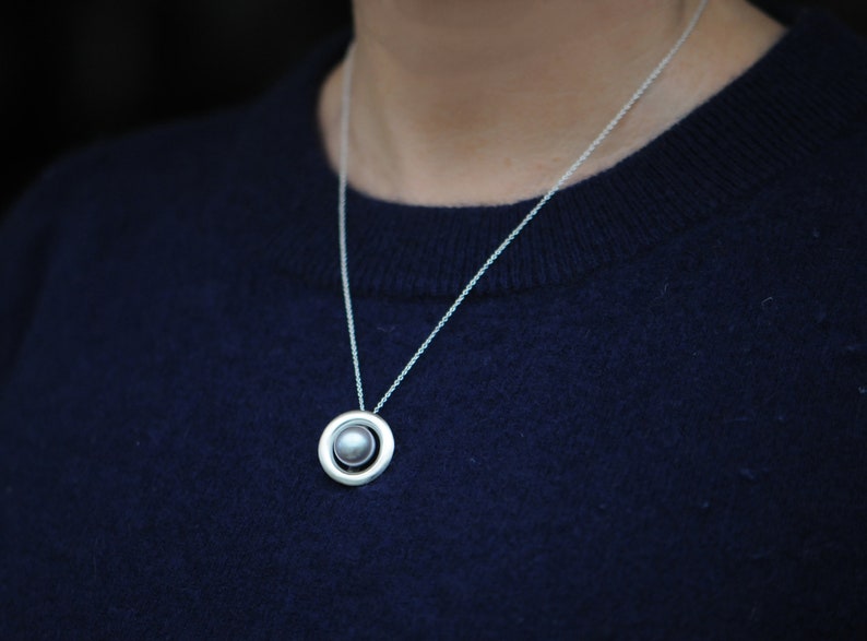 Silver Pearl Necklace Gift For Her, Tahitian Pearl Halo Pendant image 1