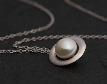 White Pearl Necklace in Silver, Gift For Her, South Sea Pearl Pendant