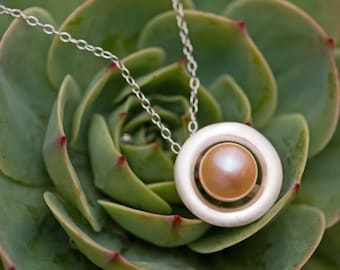 Peach Pearl Halo Necklace - Silver Pearl Pendant Necklace