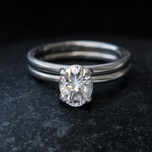Ethical Engagement Ring, Oval Moissanite Wedding Set in Platinum