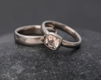 Morganite Cushion Cut Wedding Set in 18K White Recycled Gold, Handmade Engagement Ring