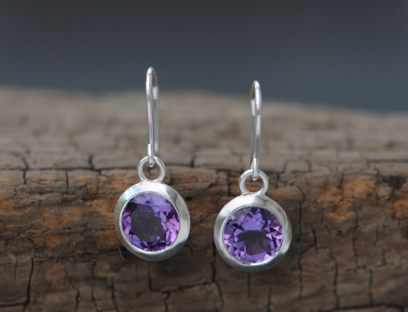 Purple Amethyst Round Drop Earrings Purple Gemstone Earrings image 1
