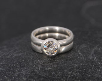 Conflict Free Engagement Ring , Moissanite Ring, Ethical Wedding Set in Silver