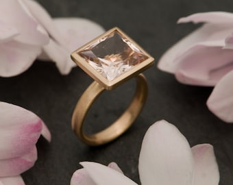 Princess Cut Morganite Ring 9K Rose Gold, Peach Gem Statement Ring, Gift For Her