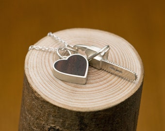 Silver Charm Pendant with Wooden Heart, Gift For Her