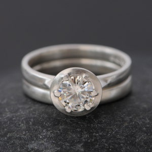 Forever One Moissanite Engagement Ring and Wedding Band in Sterling Silver Contemporary Engagement Ring image 3