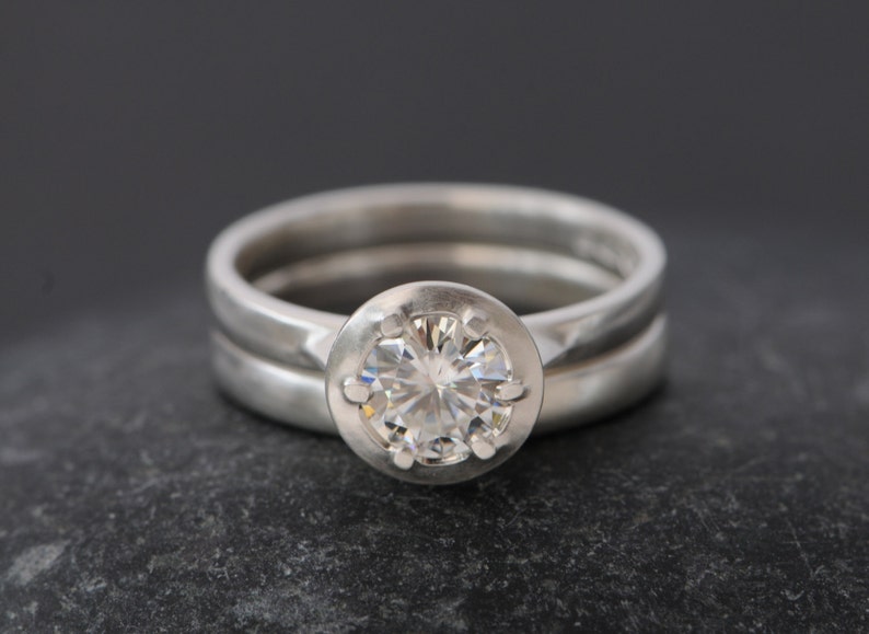 Forever One Moissanite Engagement Ring and Wedding Band in Sterling Silver Contemporary Engagement Ring image 3