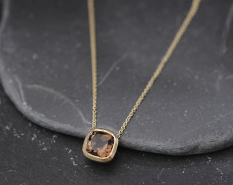 Smoky Quartz Necklace in 18K Gold, Cushion Cut Gold Pendant, Gift For Her