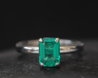 Lab Grown Emerald Ring in Platinum, Ethical Engagement Ring, Gift For Her
