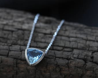 Aquamarine Necklace in 18K White Gold, Trillion Pendant, Gift For Her