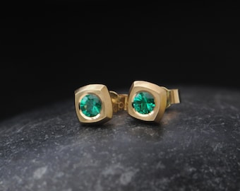 Emerald Stud Earrings in 18K Gold, Christmas Gift For Her Studs Earrings