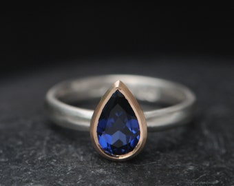 Pear Cut Lab Sapphire Ring in 18K Gold and Silver, Ethical Engagement Ring, Gift For Her
