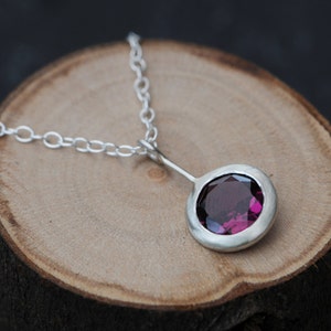 Rhodolite Garnet Necklace in Silver, Lollipop Necklace with Deep Pink Gemstone, Gift For Her