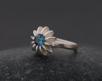 London Blue Topaz Engagement Ring, Sea Urchin Ring Silver