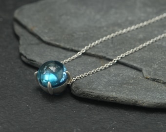 Blue Topaz Cab Necklace in Silver, Blue Gem Pendant, Gift For Her