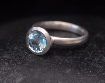 Blue Topaz Halo Ring in Silver, Blue Gemstone Engagement Ring, Gift For Her