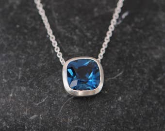 Gift For Her Blue Topaz Necklace, Square Pendant in Silver