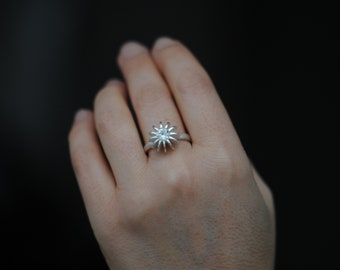 Moissanite Engagement Ring in Silver, Ethical Engagement Ring, Sea Urchin Ring