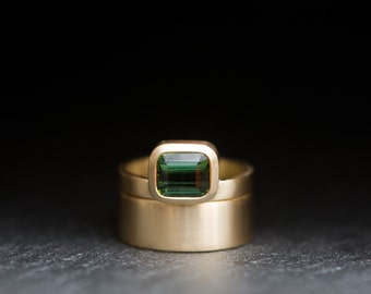 Green Tourmaline Wedding Set 18K Gold - Big Green Tourmaline Ring