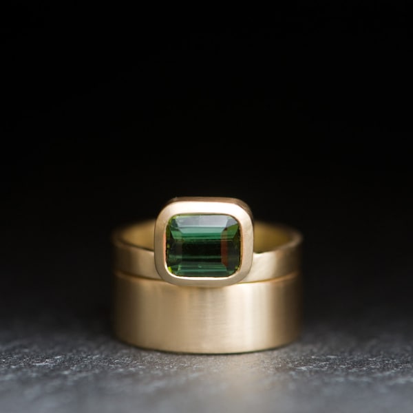Green Tourmaline Wedding Set 18K Gold - Big Green Tourmaline Ring