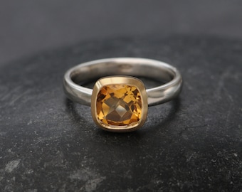 Citrine Cushion Cut Ring in 18K Gold and Silver - Yellow Gemstone Engagement Ring