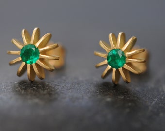 Emerald Stud Earrings in 18K Gold, Christmas Gift For Her, Sea Urchin Stud Earrings