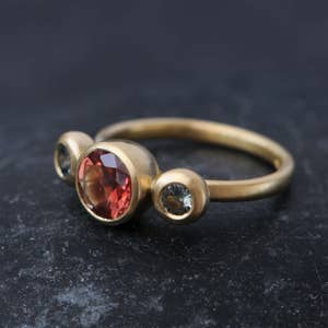 Ethical Engagement Ring, Oregon Sunstone Ring with Montana Sapphires in 18K Gold