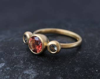 Ethical Engagement Ring, Oregon Sunstone Ring with Montana Sapphires in 18K Gold