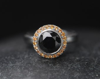 Black Diamond Halo Ring in Platinum, Diamond Engagement Ring with Orange Sapphires
