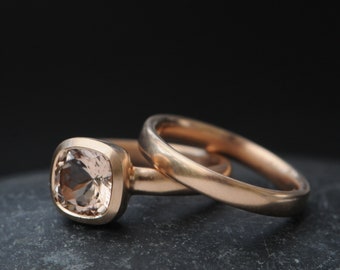 Morganite Cushion Cut Wedding Set in 18K Rose Gold