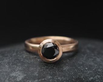 Black Diamond Halo Ring in 18K Rose Gold, Gift For Her Engagement Ring
