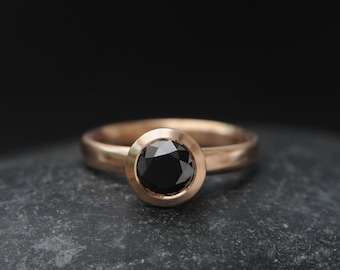 Black Diamond Halo Ring, Black Gem Engagement Ring in 18K Rose Gold, Gift For Her