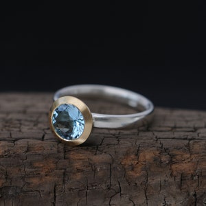 Gift For Her Aquamarine Engagement Ring 18k Gold and Silver, Blue Gemstone Halo Ring