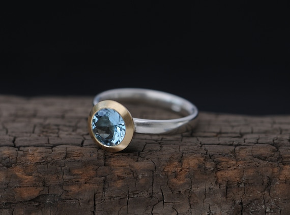 Gift For Her Aquamarine Engagement Ring 9k Gold and Silver, Blue Gemstone Halo Ring