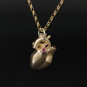 9K Gold Anatomical Heart Necklace with Rubies, Gift For Her Heart Pendent