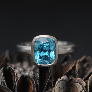 Blue Zircon Ring, Cushion Cut Engagement Ring in 18K White Gold, Ready to Ship Size 6.5