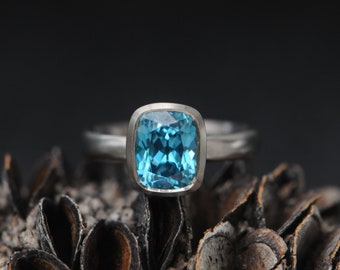 Blue Zircon Engagment Ring Size 6.5 - Cushion Cut Zircon Ring in 18K White Gold