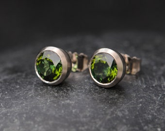 Green Tourmaline Stud Earrings in 18K Gold, Gift for Her