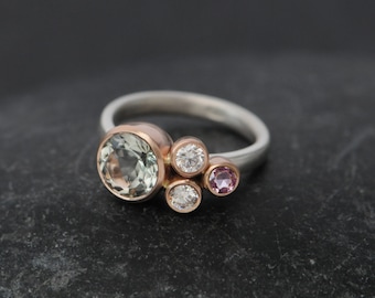 Green Amethyst Engagement Ring with Diamond and Pink Sapphire, Cluster Ring