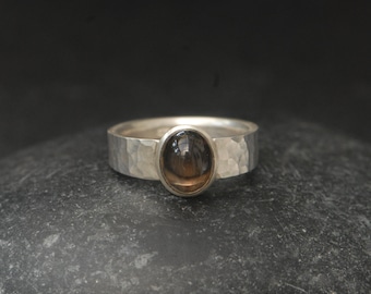 Smokey Quartz Oval Cabochon Ring, Brown Gem Ring in Hammered Silver, Gift For Him
